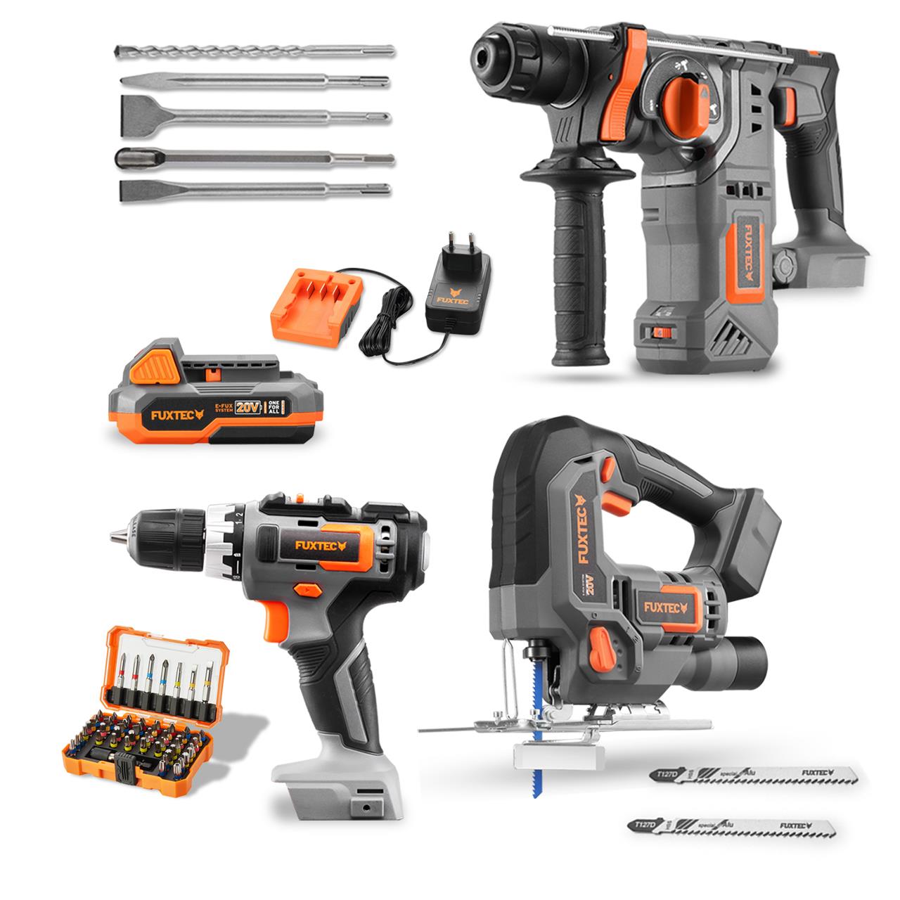 FUXTEC - Kit PowerTool 20V sans fil avec scie sauteuse, visseuse sans fil et marteau perforateur