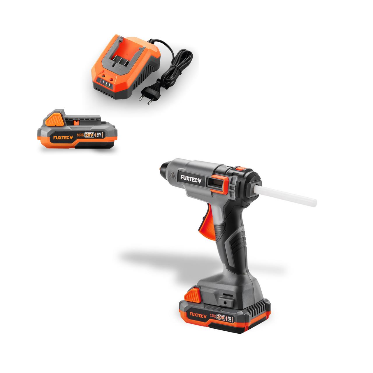 Pistolet à colle chaude à batterie FUXTEC 20V FX-E1GG20 SET - avec 1x batterie 2Ah, 1x chargeur 2,4A