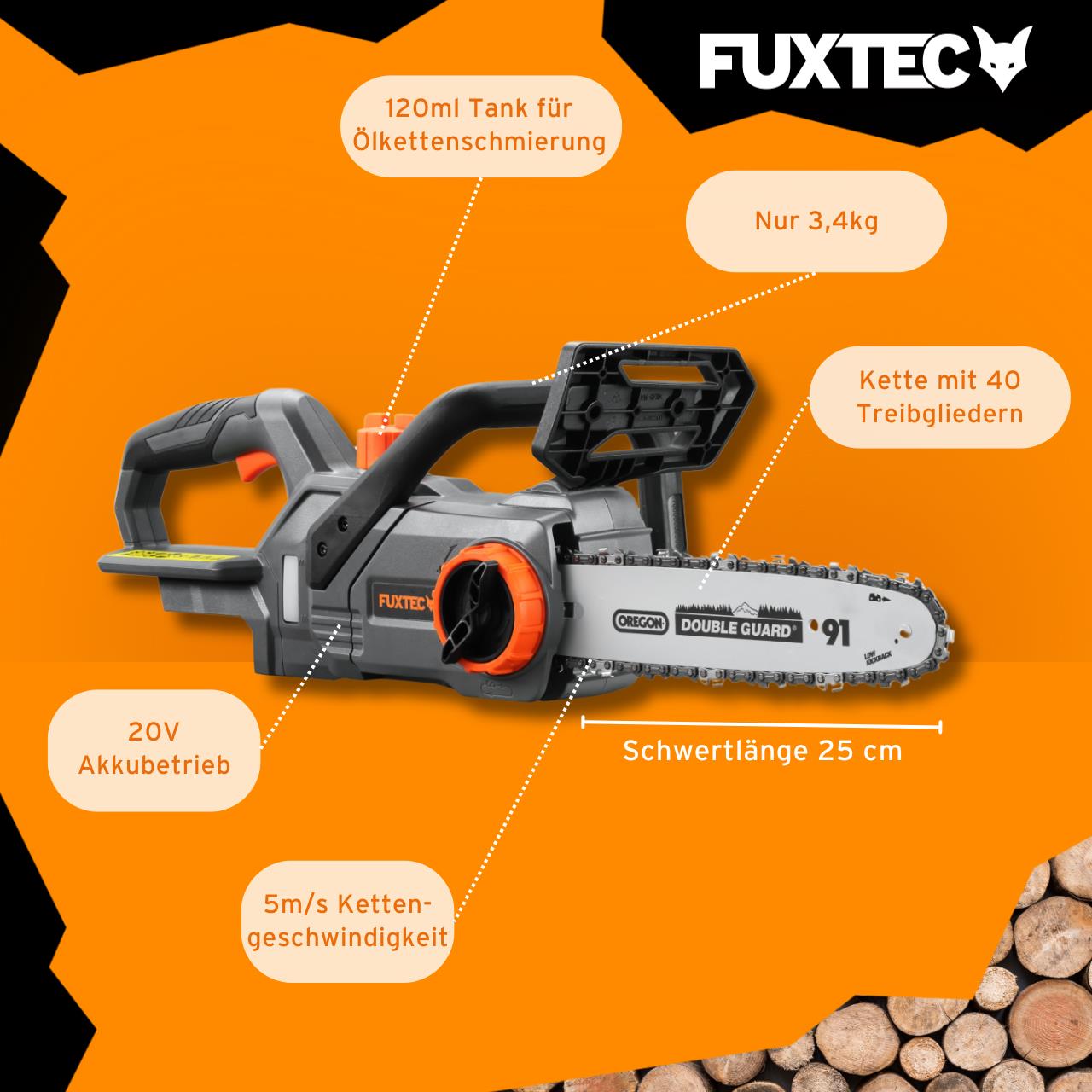 FUXTEC 20V Akku Kettensäge FX-E1KS20 ohne Akkupack, ohne Ladegerät