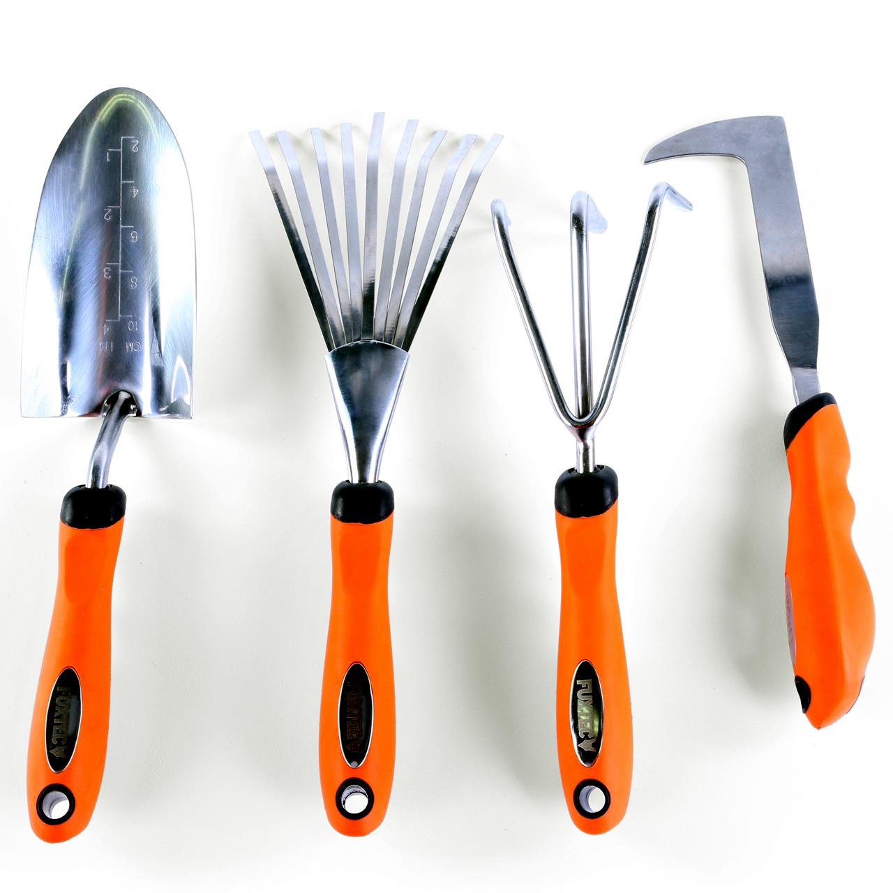 Set de 4 outils de jardin à main premium - grattoir joint, griffe 3 dents, râteau et pelle à main